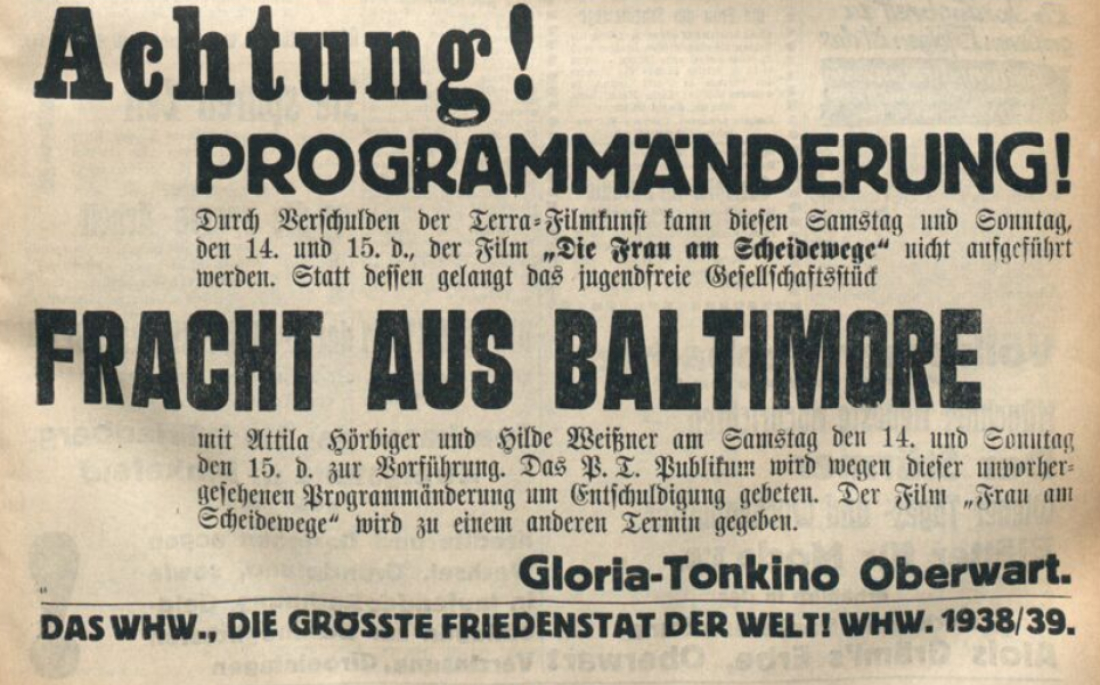 Gloria-Tonkino: Einschaltung in der Oberwarther Sonntags = Zeitung - OZ vom 22. Januar 1939