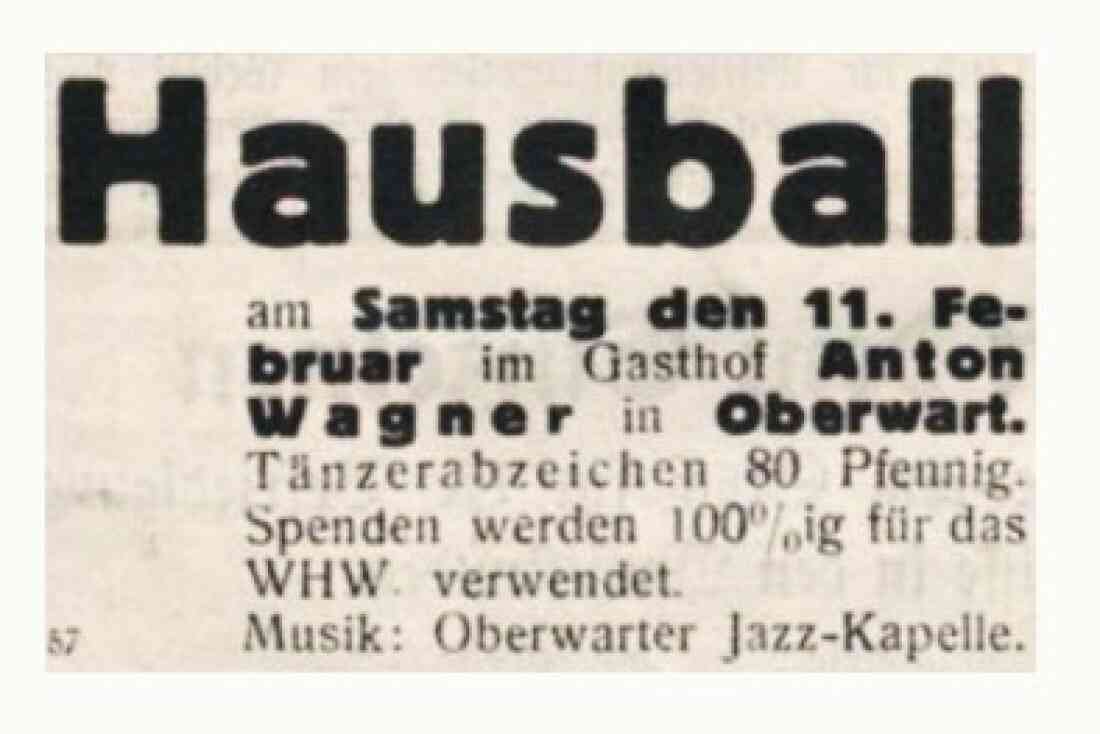 Anzeige in der Oberwarther Sonntagszeitung vom 22. Jänner 1939: Hausball im Gasthaus Anton Wagner - Hauptplatz 8