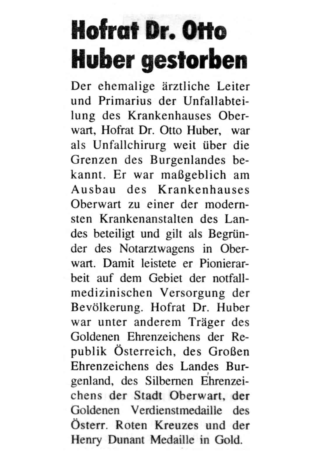 Rotes Kreuz: Artikel zum Tod von Primarius Dr. Otto Huber