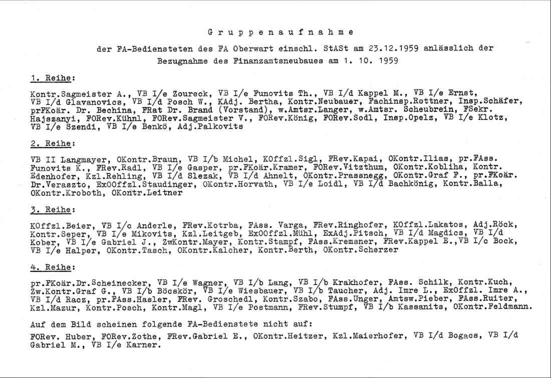 Finanzamt: Namensliste zum Bild "Die Finazbeamten mit Vorstand Dr. Erwin Brand anlässlich der Übsiedelung ins neue Amtgebäude im Bundesgebäudekomlex"