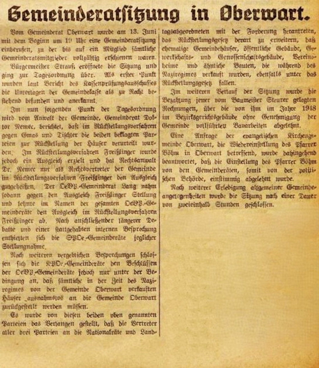 Artikel in der Oberwarter Zeitung vom 19. Juni 1949 über eine durchaus kontroversielle Gemeinderatssitzung
