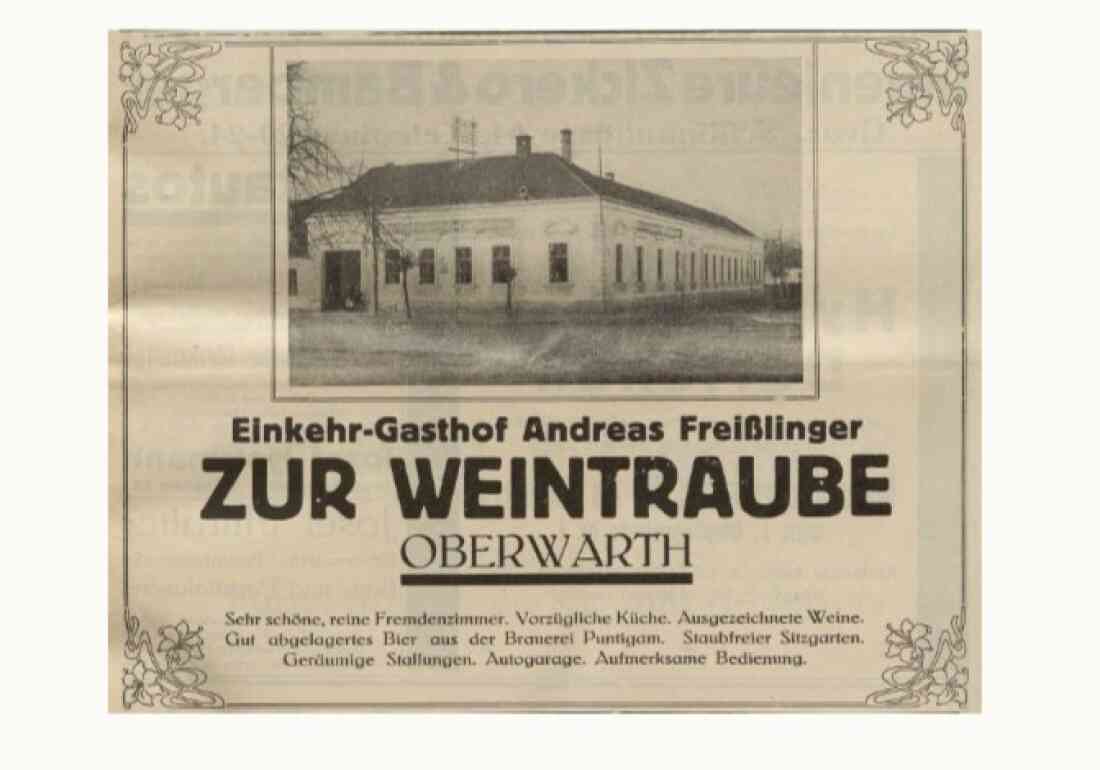 Werbung in der Oberwarther Sonntagszeitung vom 6. Jänner 1929 "Einkehr-Gasthaus Andreas Freißlinger - Oberwarth" - (auch Freizslinger-Freisslinger-Freislinger)