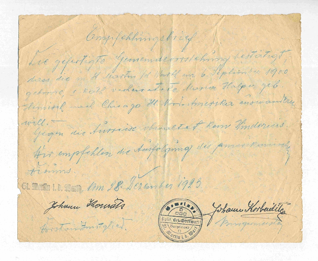 St. Martin: Empfehlungsbrief zur Auswanderung von Maria Halper (geb. Heinisch, *1900/+1955) nach Amerika