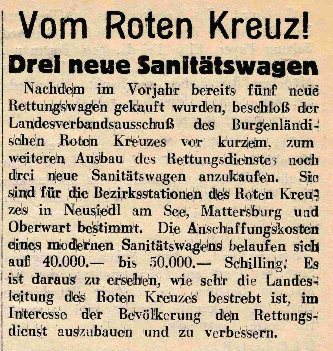 Rotes Kreuz: Artikel zur Anschaffung eines neuen Sanitätswagens 1956