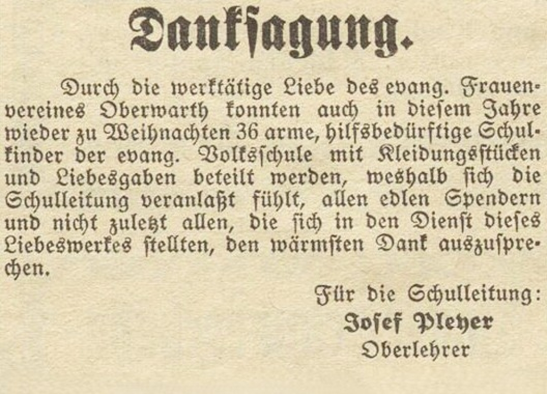 Oberwarther Sonntags-Zeitung vom 30. Dezember 1934: Danksagung - evang. Frauen­verein