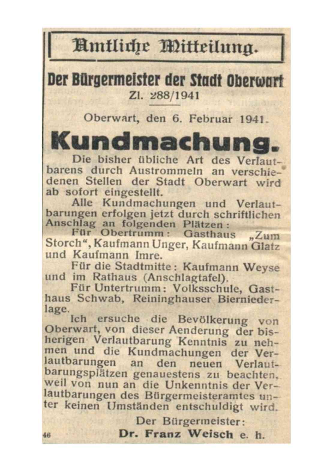 Amtliche Mitteilung der Stadtgemeinde in der Oberwarther Sonntags-Zeitung vom 9. Februar 1941: der Bürgermeister verlautet 1941 betreffend "Austrommeln"