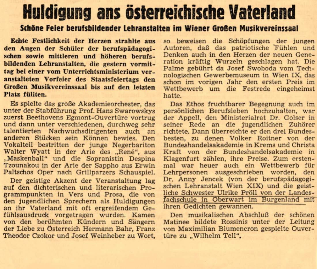 Artikel "Huldigung ans österreichische Vaterland" - Preis an geistliche Schwester Ulrike Pröll von der Landesfachschule (später HBLA) in Oberwart