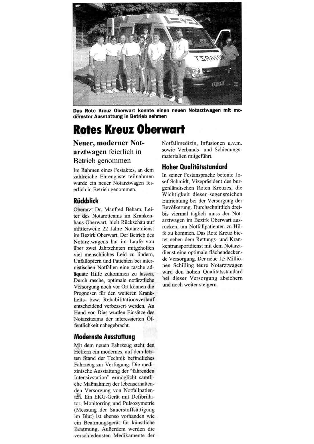 Rotes Kreuz: Artikel zur Inbetriebnahme eines neuen Notarztwagens