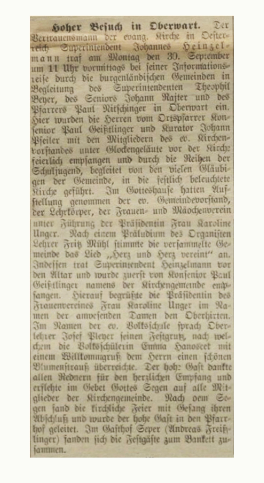 Oberwarther = Sonntagszeitung vom 13. Oktober 1935: Bericht über den Besuch der Evang. Pfarrgemeinde AB durch Superintendent Johannes Heinzelmann, Superintendent Theophil Beyer, Senior Johann Rajter und Pfarrers Paul Nitschinger