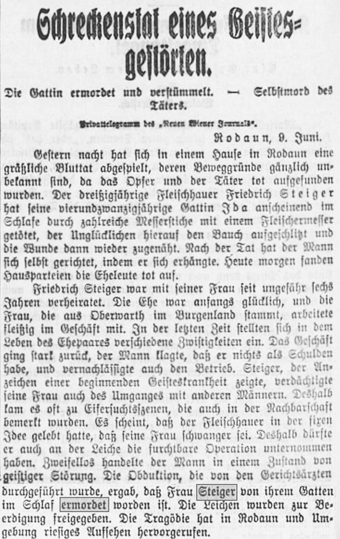 Neues Wiener Journal vom 10. Juni 1931 – Schreckenstat eines Geistesgestörten