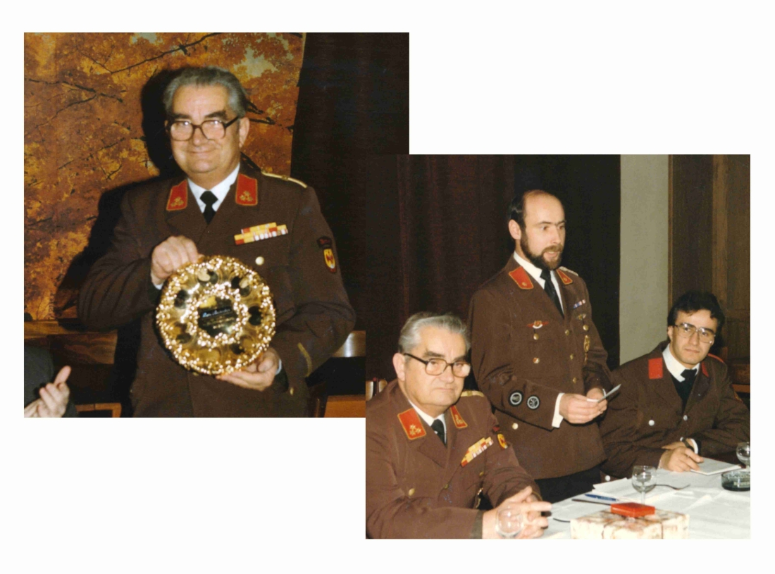 Stadtfeuerwehr: Kdt. Karl Heigl (*1924/+2000) wird am 28. Dezember 1984 nach 46 Jahren im Dienste der Feuerwehr in den Ruhestand verabschiedet - Zambo/Weber