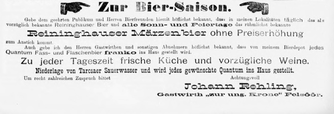 Oberwarther Sonntags-Zeitung vom 26. Juni 1910: Ankündigung von Gastwirth Johann Rehling „Zur ung. Krone“