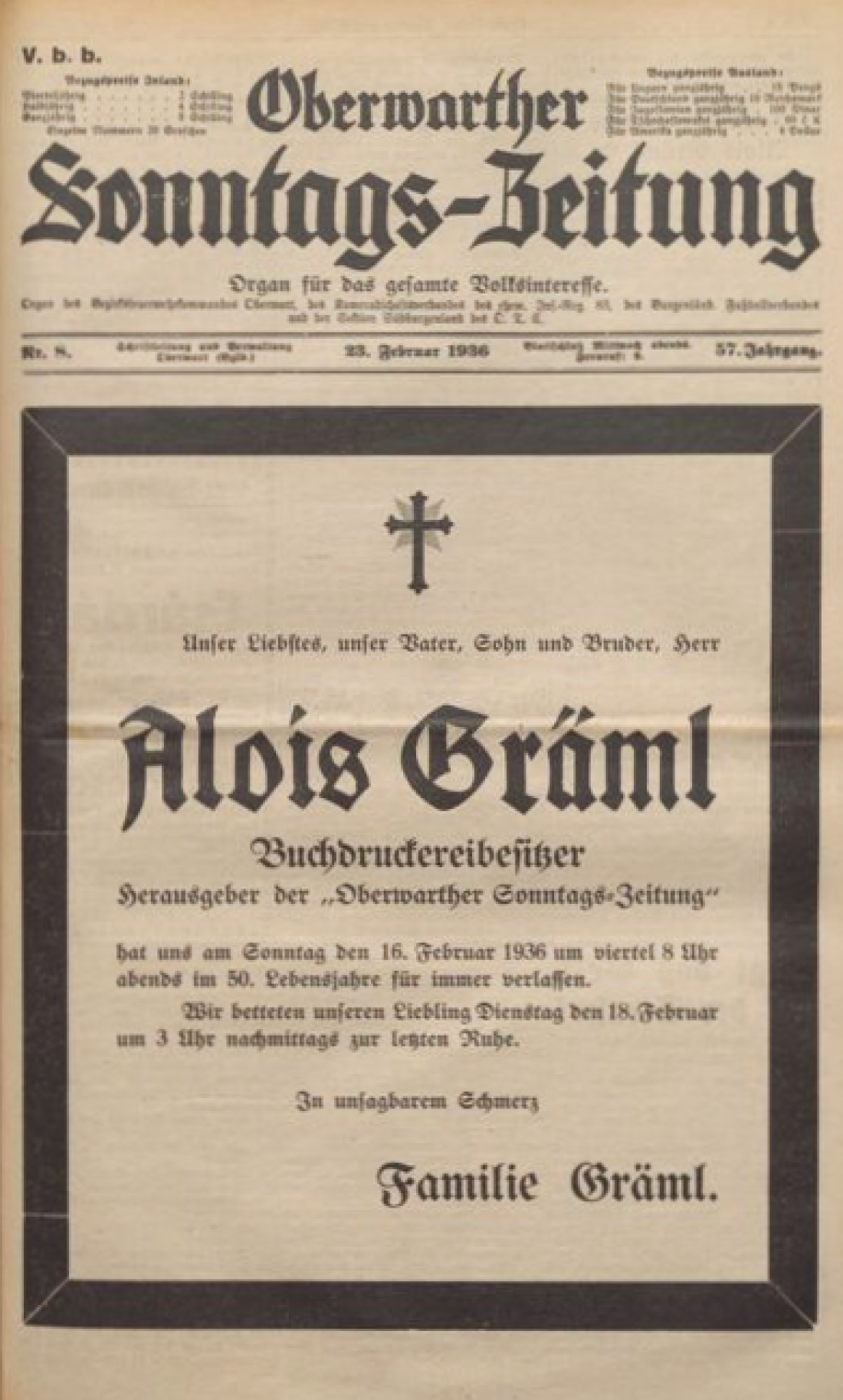 Titelblatt der Oberwarther Sonntags = Zeitung von 23. Feber 1936: zum Tod von Buchdruckereibesitzer und Herausgeber der OSZ Alois Gräml