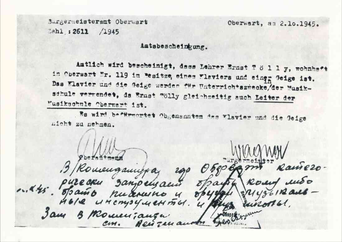 Amtsbescheinigung des Bürgermeisters 1945 mit Ergänzung des russischen Militärkommandanten