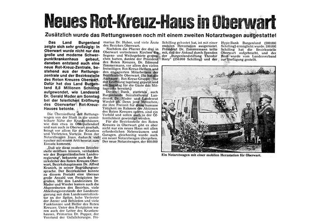 Rotes Kreuz: Artikel zu Eröffnung der neuen Bezirksstelle, der Rettungszentrale und zur Anschaffung eines 2. Notarztwagens