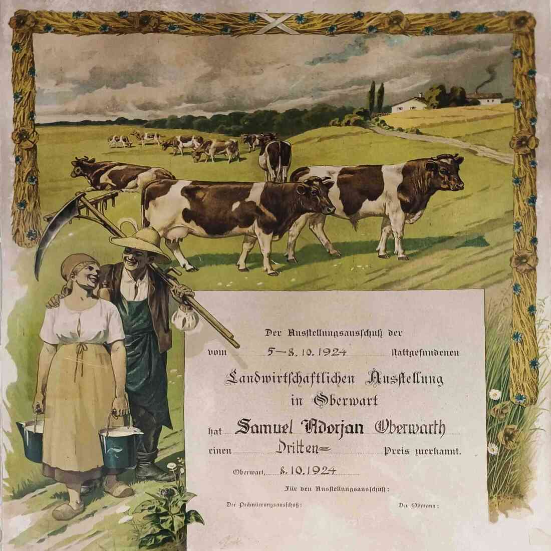 Gewerbeausstellung 1924: Urkunde über den 3. Preis anlässlich der Landwirtschaftlichen Ausstellung für Samuel Adorjan (*1905/+1995)