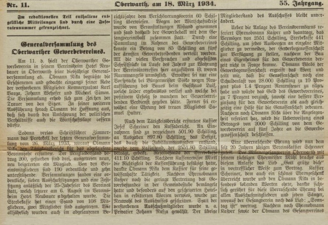 Bericht in der Oberwarther = Sonntagszeitung über die Generalversammlung des Gewerbevereins zur Zeit des Ständestaates
