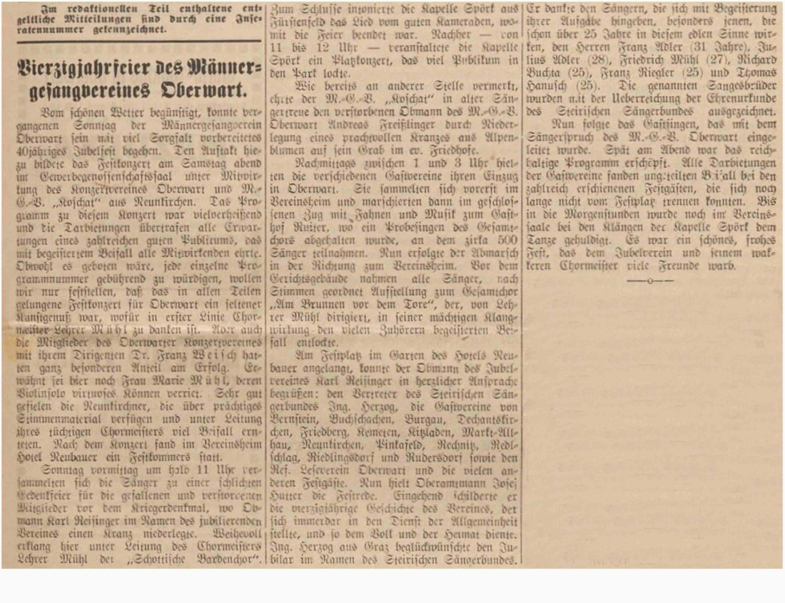 Leitartikel in der Oberwarther Sonntags = Zeitung vom 5. Juli 1936: 40-Jahr-Feier des Männergesangvereins Oberwart