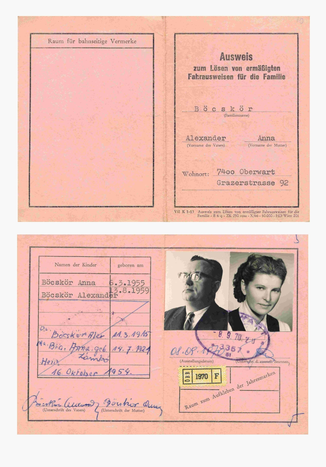 Bahn-Ermäßigungsausweis der Fam. Böcskör