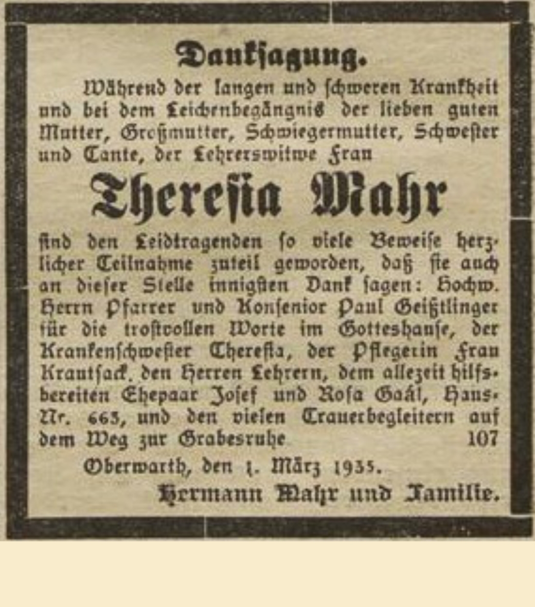 Oberwarther Sonntags-Zeitung vom 10. März 1935: Danksagung anlässlich des Todes von Theresia Mahr (*1856/+1935)
