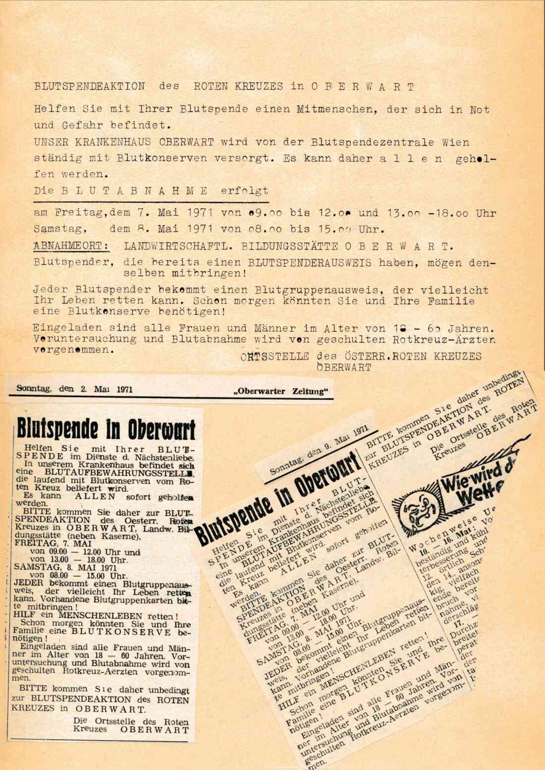 Rotes Kreuz: Infozettel und Artikel zu einer Blutspendeaktion 1971