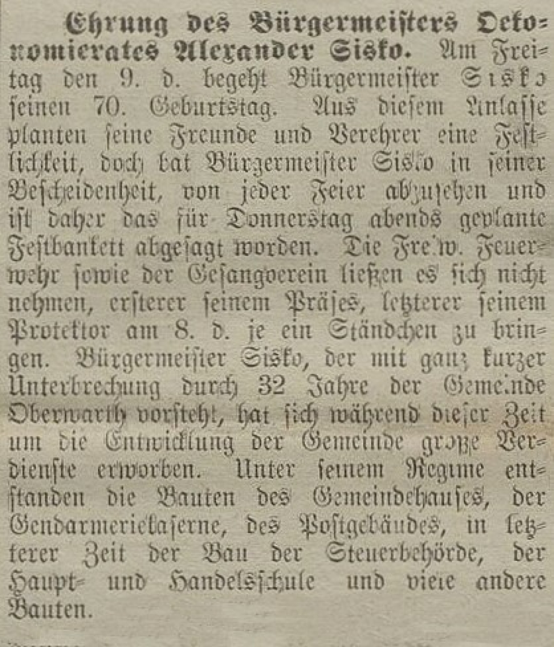 Die Oberwarther Sonntags = Zeitung berichtet am 11. Feber 1934 über die Ehrung von Bürgermeister Alexander Sisko (*1864/+1942) anlässlich seines 70. Geburtstags
