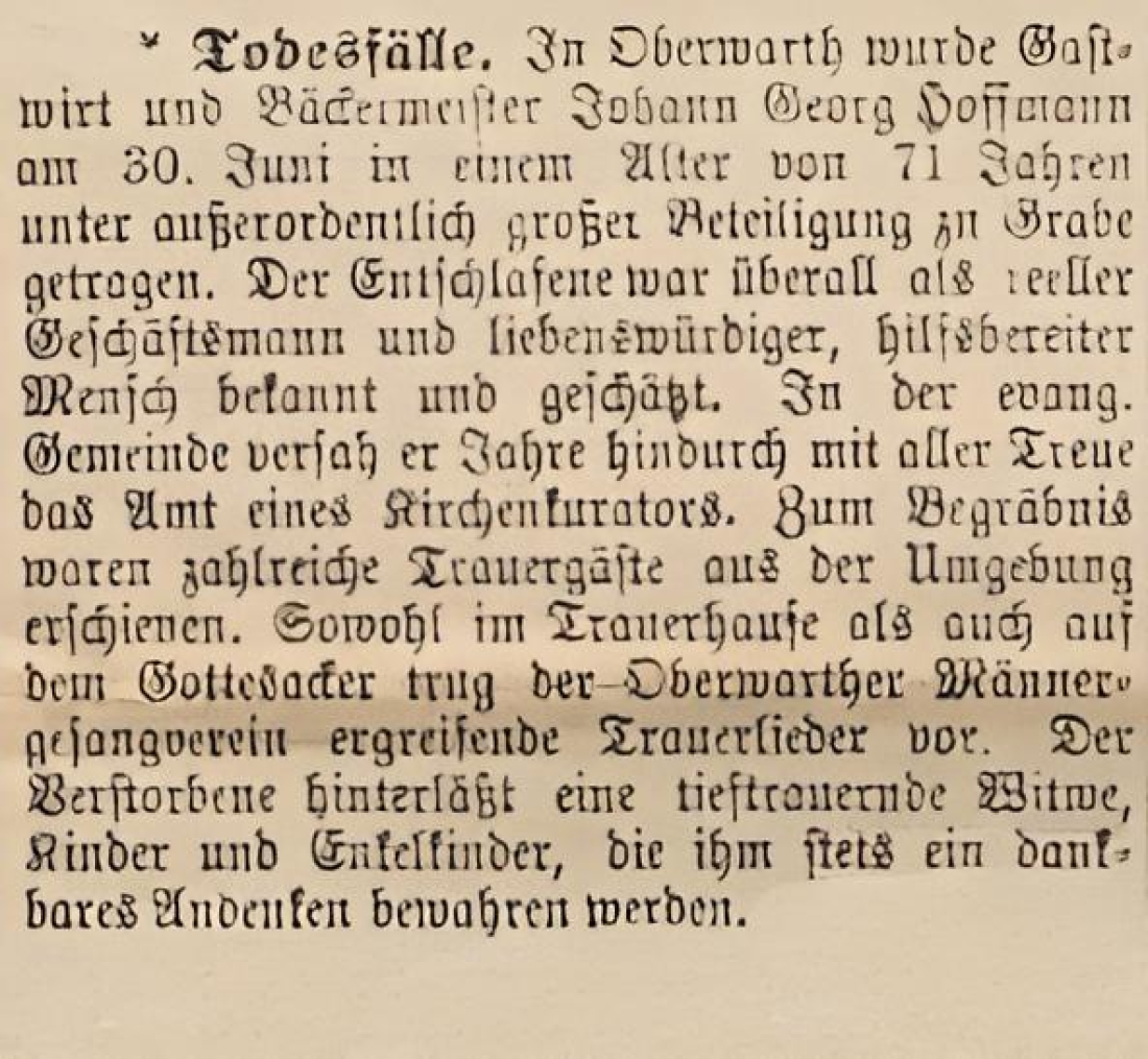 Oberwarther = Sonntagszeitung vom 5. Juli 1925: Zum Tod von Gastwirt und Bäckermeister Johann Georg Hoffmann