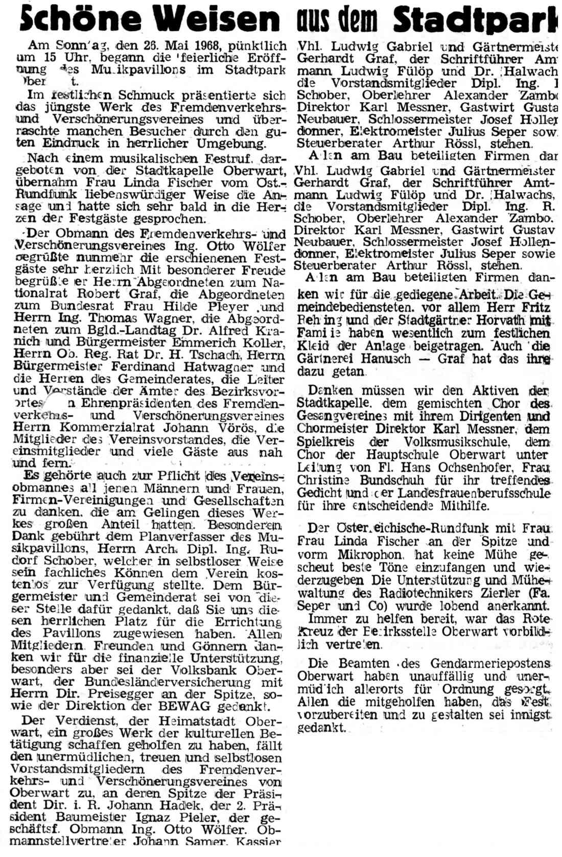 Musikpavilion im Stadtpark: Artikel zur Eröffnung am 28. Mai 1968