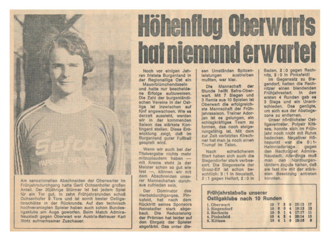 Fußball: Höhenflug des SC Oberwart in der Ostligasaison 1976/77 - Artikel in der BF / Ochsenhofer