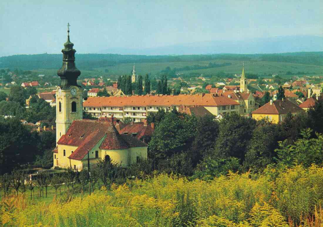 Ansichtskarte: Blick über Oberwart mit den drei Kirchen