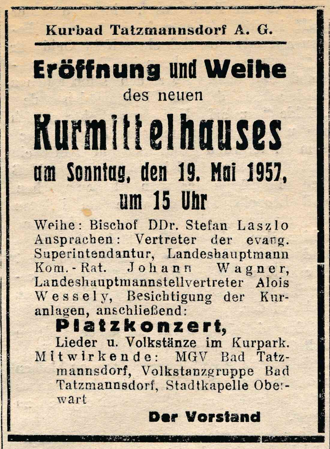 Stadtkapelle: Ankündigung der Eröffnung des Kurmittelhauses Bad Tatzmannsdorf unter Mitwirkung der Stadtkapelle