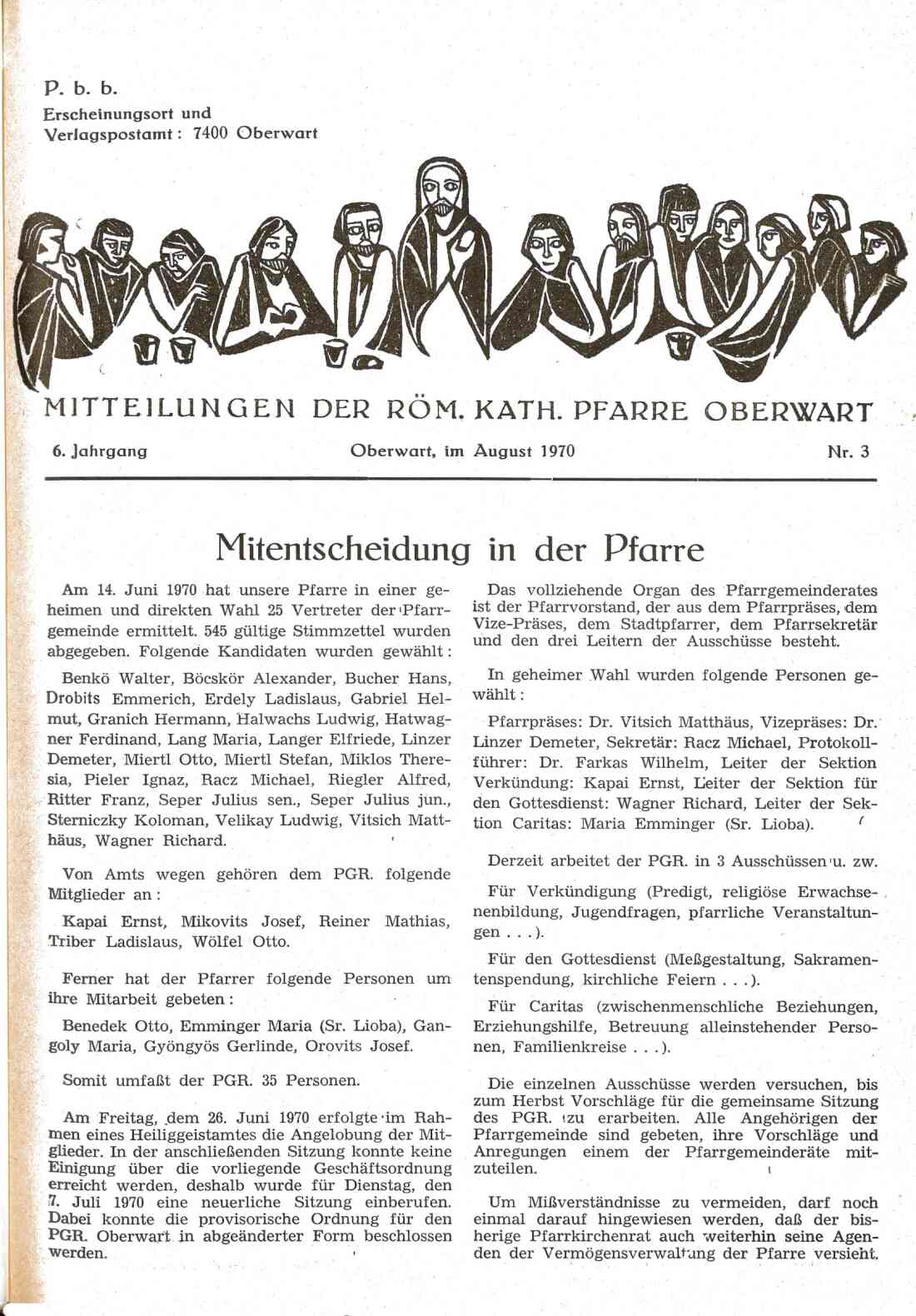 Kirchenzeitung der röm. kath. Pfarre: Der neue Pfarrgemeinderat / August 1970