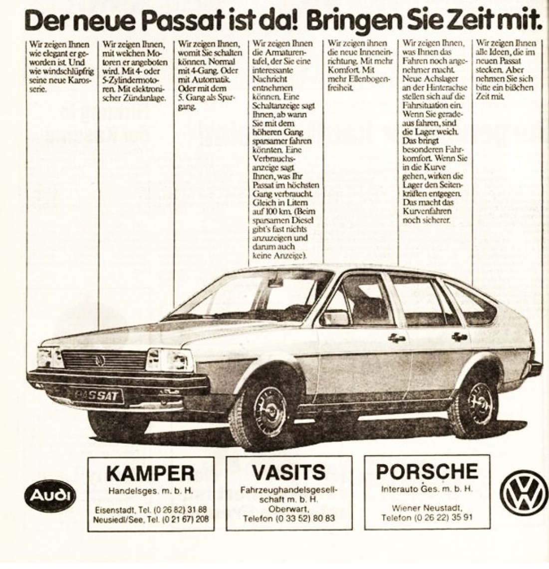 Anzeige der VW- und Audi-Betriebe Vasitz (auch Vasits) in Oberwart, Kamper und Porsche Interauto zur Vorstellung des neuen VW Passat 1980