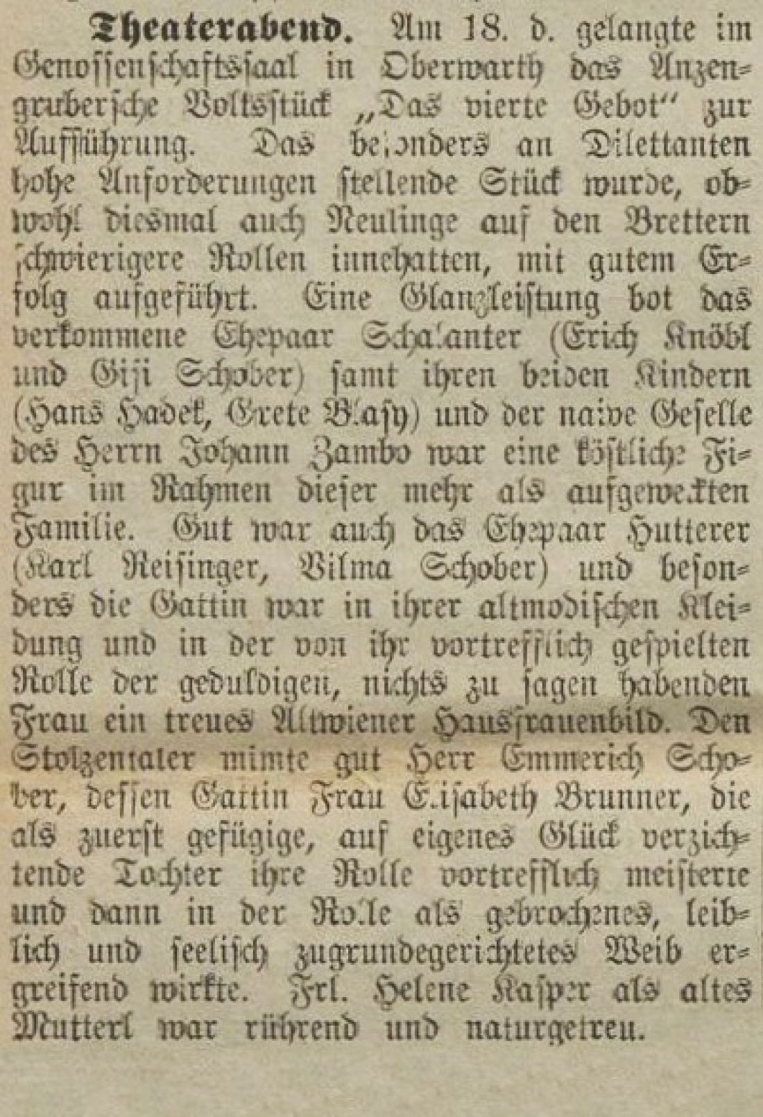 Oberwarther = Sonntagszeitung vom 28. Jänner 1934: „Theaterabend "Das vierte Gebot" - Volksstück von L. Anzengruber