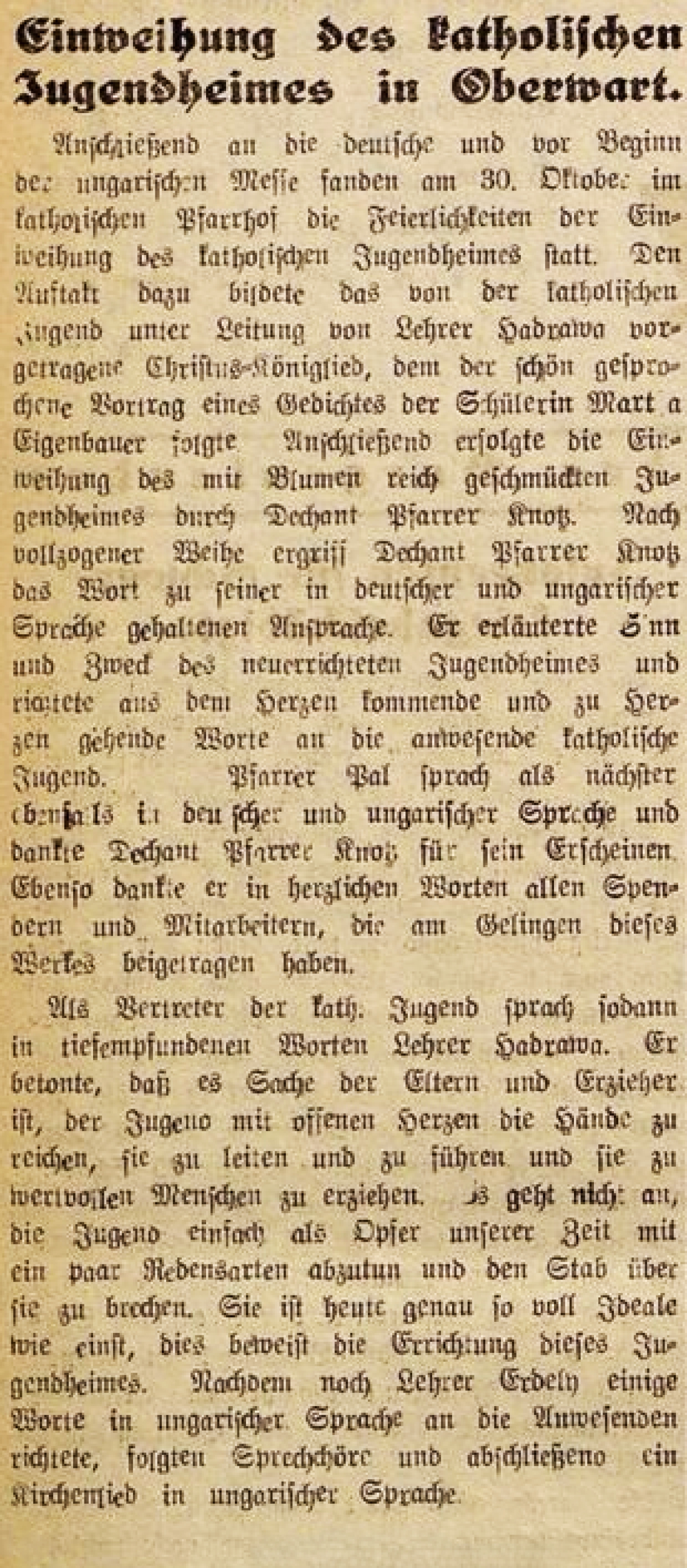 Bericht in der Oberwarter Zeitung vom 6. November 1949: "Einweihung des röm. kath. Jugenheims"