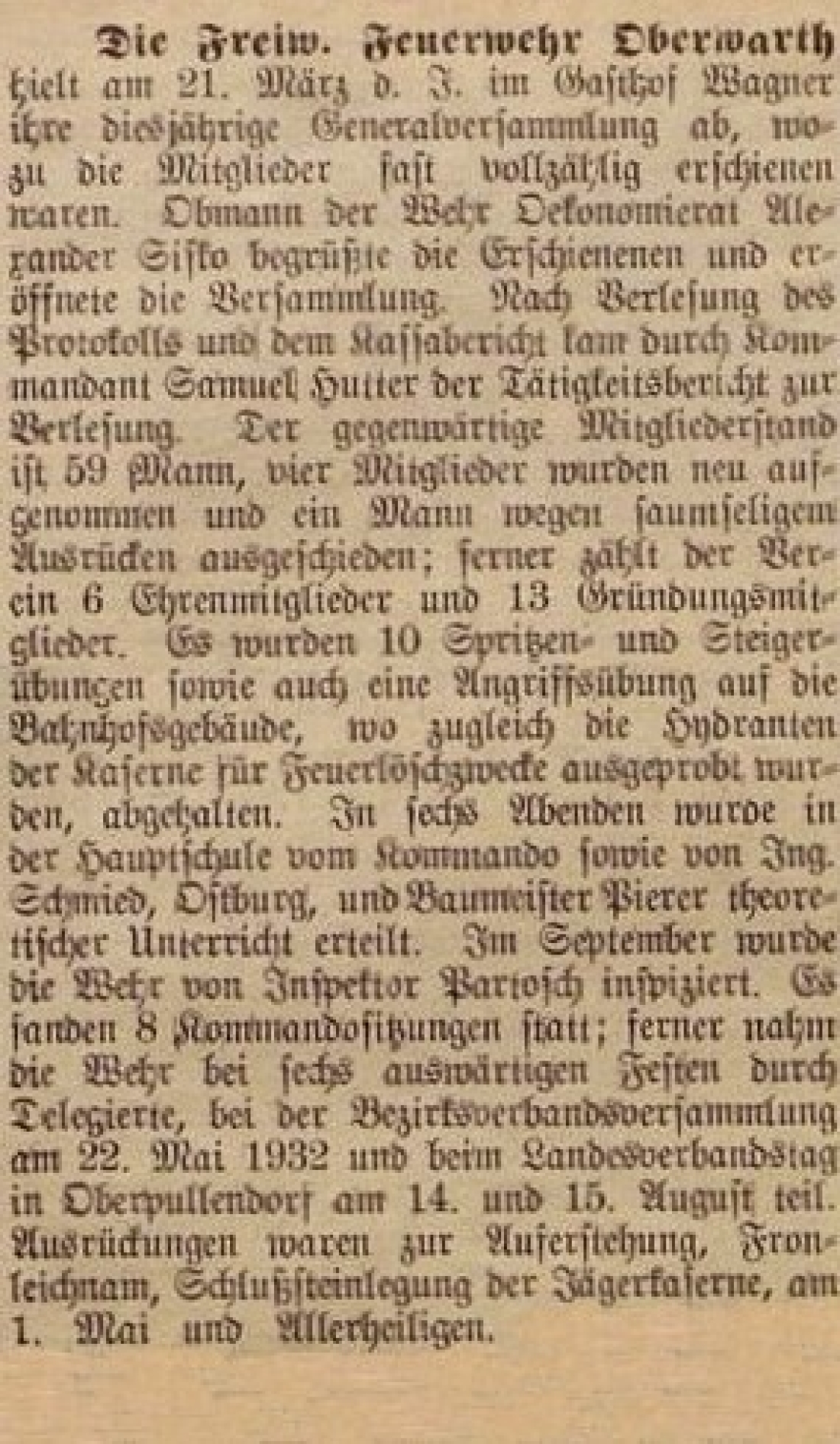 Oberwarther = Sonntagszeitung vom 16. April 1933: Generalversammlung der Freiwilligen Feuerwehr