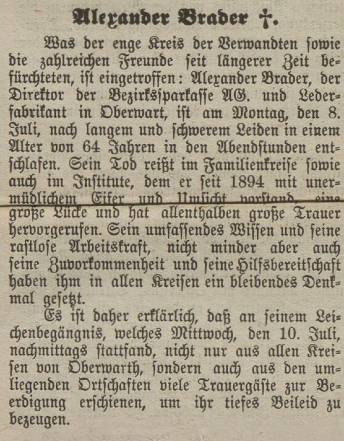 Bericht in der Oberwarther Sonntags = Zeitung vom 14. Juni 1929 zum Tod von Alexander Brader (Lederfabrikant, *1865/+1929) - Johann Straußgasse 17-21