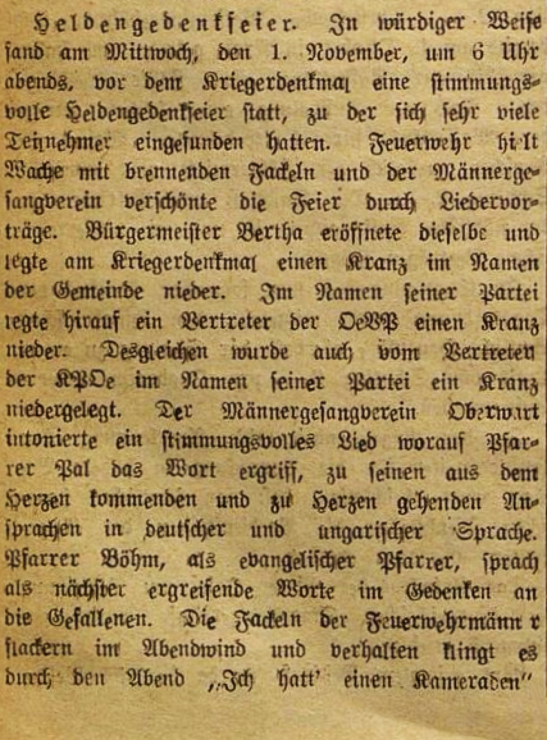 Artikel in der Oberwarther Sonntags = Zeitung vom 5. November 1950: Heldengedenkfeier (Heldenehrung/Friedensfeier) vor dem Kriegerdenkmal
