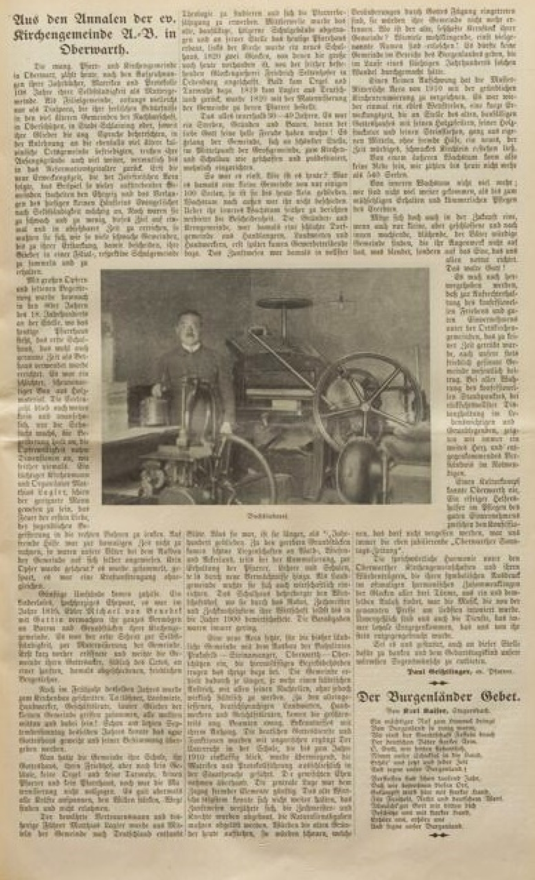 Evang. Pfarrgemeinde: Anlässlich des 50-jährigen Bestehens der Oberwarther = Sonntagszeitung schreibt Pfarrer Paul Geißtlinger in der Zeitung vom 26. Juni 1929 über die Geschichte der Pfarre: