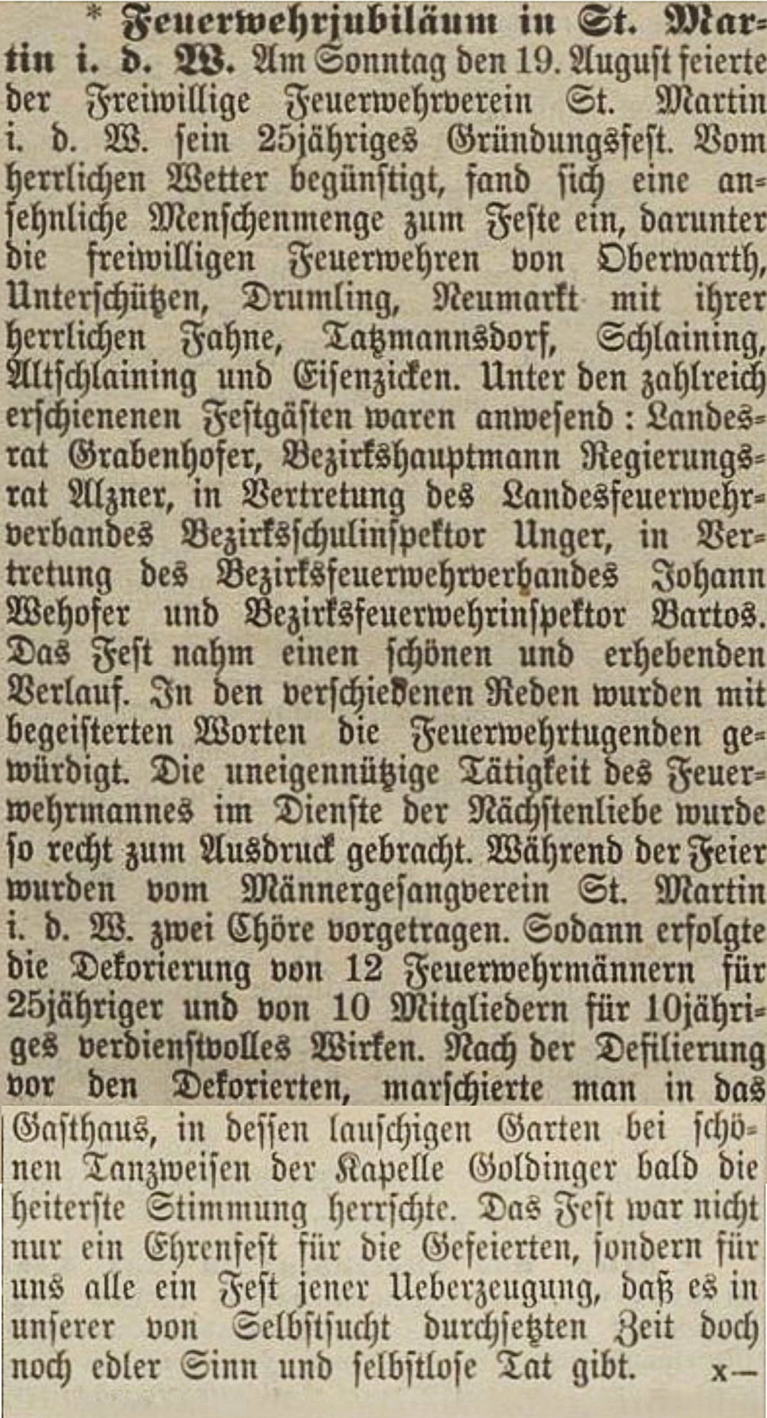 Artikel in der Oberwarther Sonntags = Zeitung vom 26. August 1928: "Feuerwehrjubiläum in St. Martin i. d. W." - 25-jähriges Gründungsfest