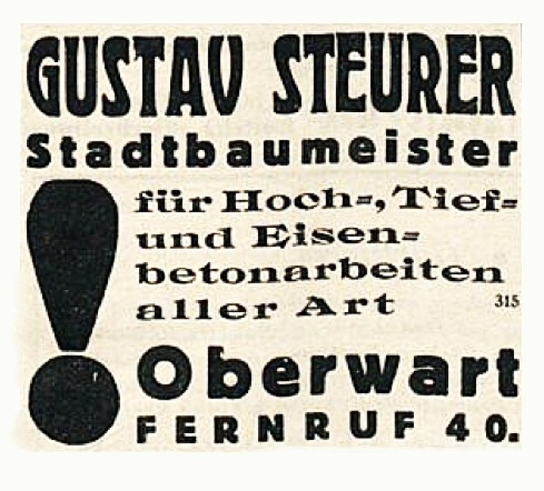 Inserat von Stadtbaumeister Gustav Steurer in der Oberwarther Sonntags = Zeitung vom 11. September 1939