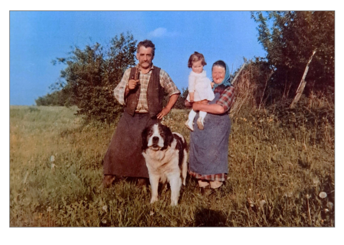 Ludwig Imre sen. (*1899/+1973) und Maria Imre (*1911/+1984; Gattin in 2. Ehe) mit Enkeltochter Elisabeth und dem Familienhund, einem Bernhardiner - Augartengasse 14