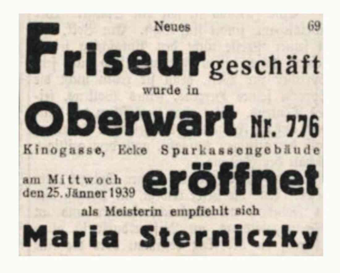 Anküdigung in der Oberwarther Sonntagszeitung vom 29. Jänner 1939: Neueröffnung des Friseurgeschäfts der Maria Sterniczky im Haus Wiener Straße 18