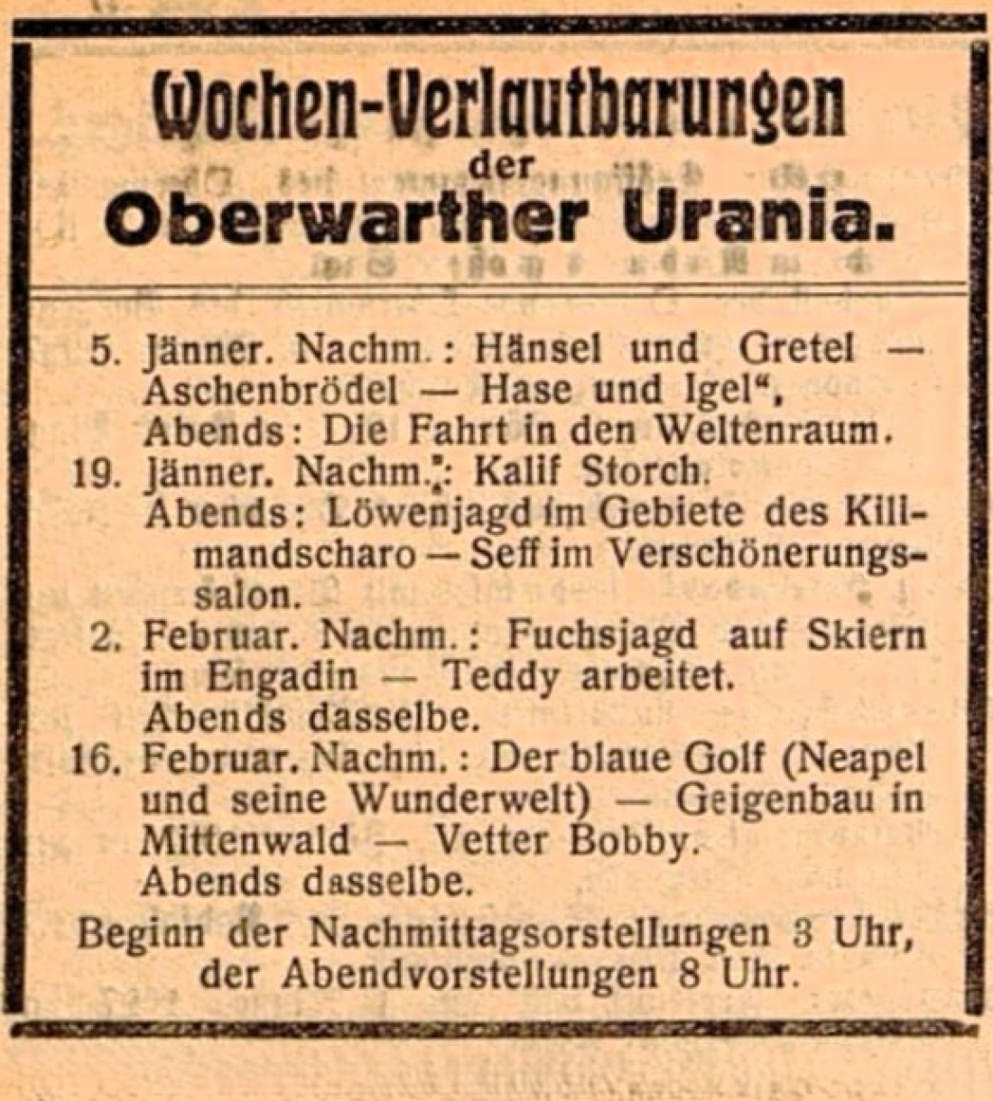 Kinoprogramm Jänner und Feber 1927: Oberwarther Urania - in der Oberwarther Sonntags = Zeitung vom 26. Dezember 1926