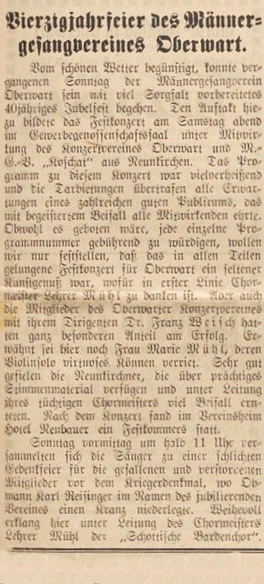 Leitartikel in der Oberwarther Sonntags = Zeitung vom 5. Juli 1936: 40-Jahr-Feier des Männergesangvereins Oberwart