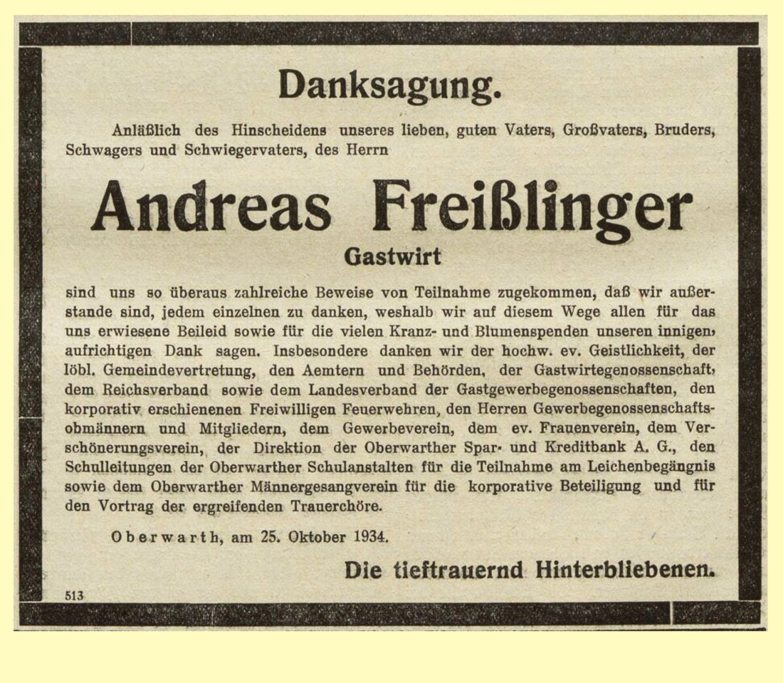 Danksagung in der Oberwarther Sonntags = Zeitung vom 28. Oktober 1934 anlässlich des Ablebens von Andreas Freißlinger (*1872/+1934), Gastwirt in OW 146b / Hauptplatz 3