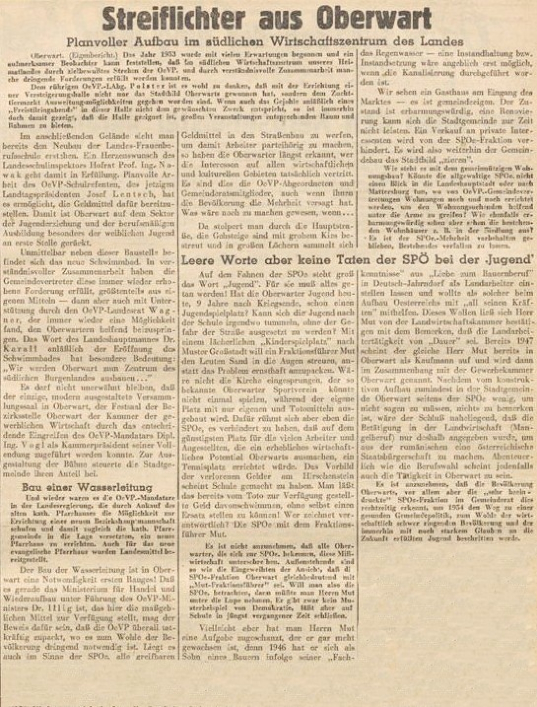 Burgenländisches Volksbaltt - Landesorgang der Burgenländischen Volkspartei vom 16. Jänner 1954: „Streiflichter aus Oberwart - Planvoller Aufbau im südlichen Wirtschaftszentrum des Landes Oberwart