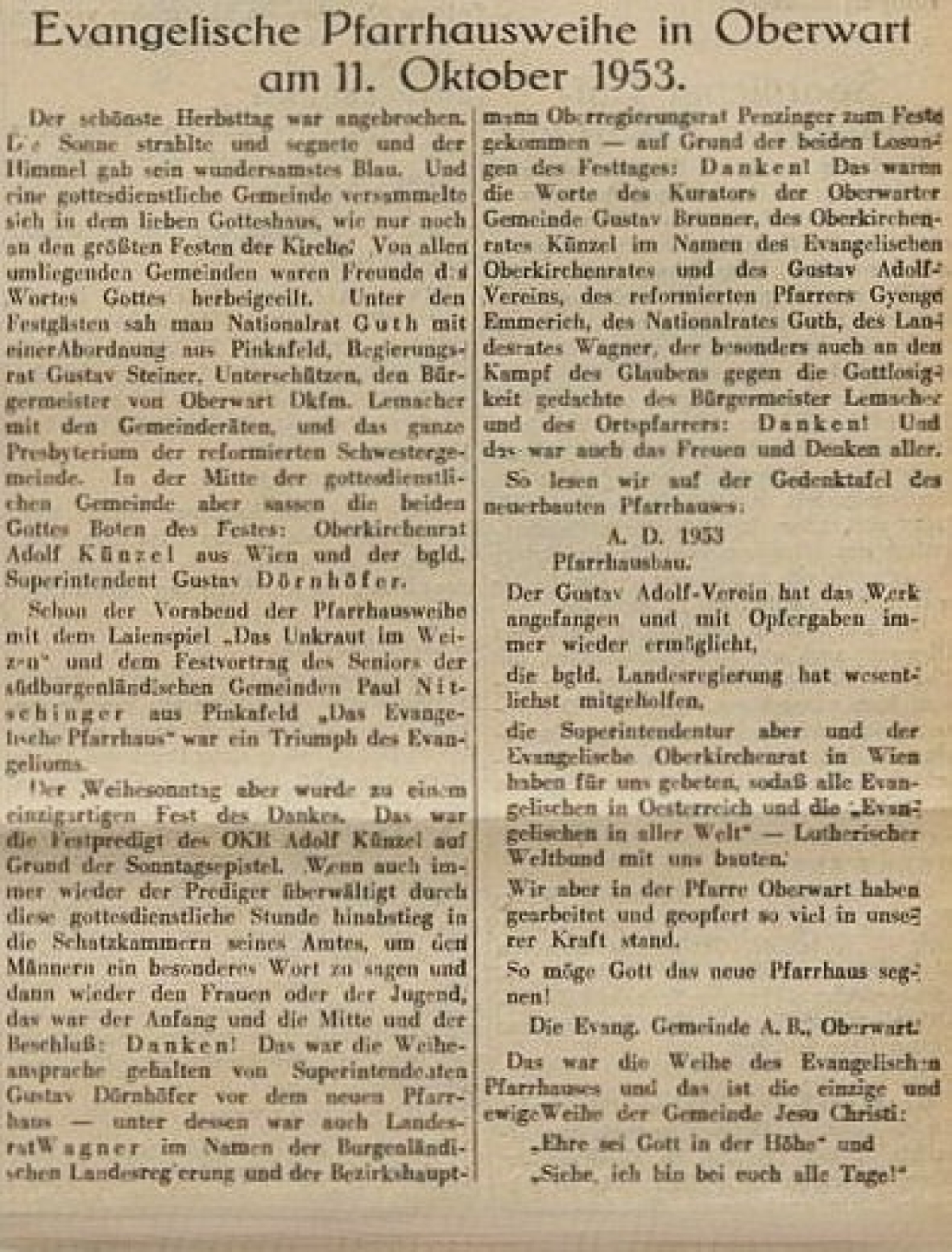 Oberwarter Zeitung vom 18. Oktober 1953: Evangelische Pfarrhausweihe in Oberwart am 11. Oktober 1953.