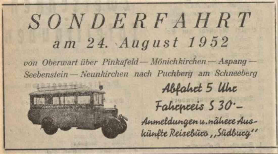 Ankündigung einer Sonderfahrt der Fa. Südburg in der Oberwartr Zeitung vom 24. August 1952