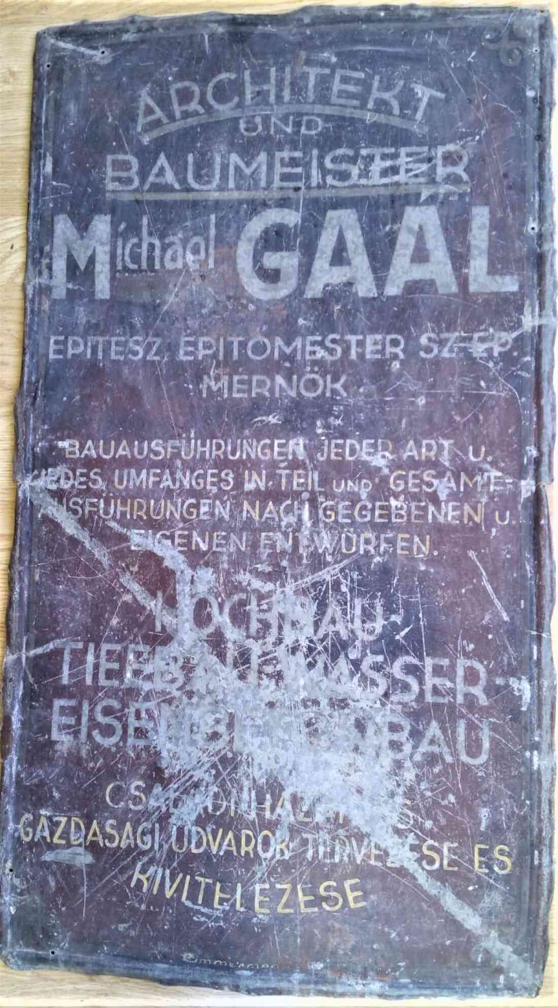 Firmentafel des Michael Gaál jun. - Architekt und Baumeister  (*1899/+1960) - Steinamangererstraße 91